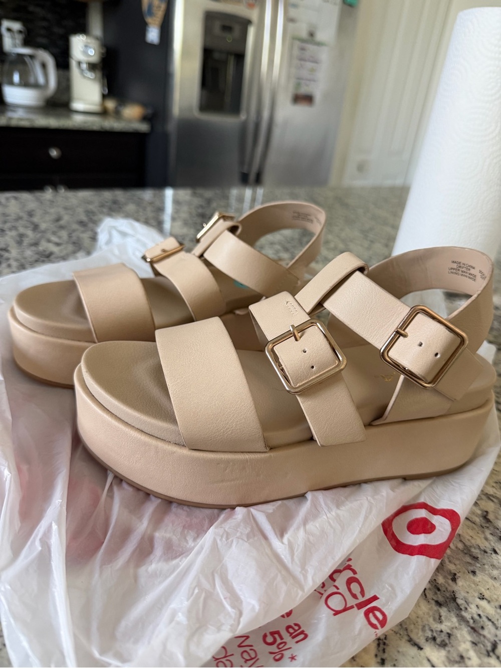 Women's Beige Platform Sandals with Buckle Closure - Picture 4 of 7